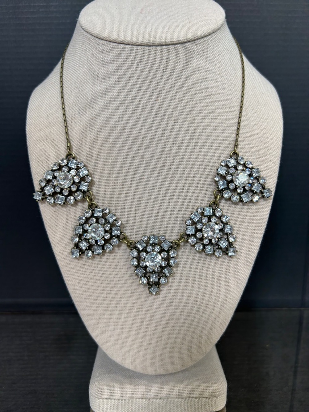 Crystal Statement Necklace - Clear Rhinestones on Antiqued Metal